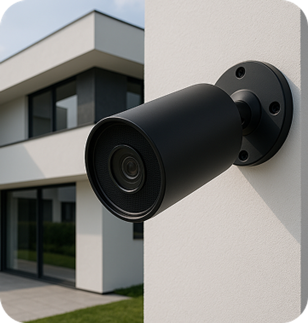 Kamera na beli steni s hišo zadaj